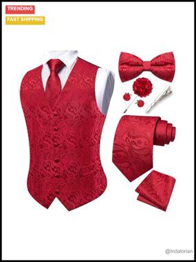 Men's 8-Piece Silk Suit Vest Set with Tie, Bowtie, Pocket Square, Cufflinks,
